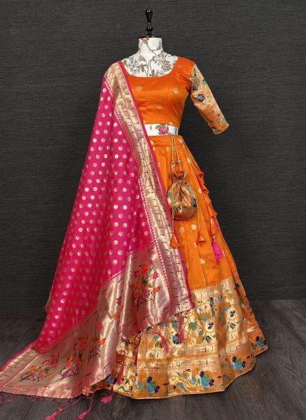 Orange Wedding Wear Jacquard Lehenga Choli with Zari Weaving Work   Matching Dupatta Half Saree Lehenga