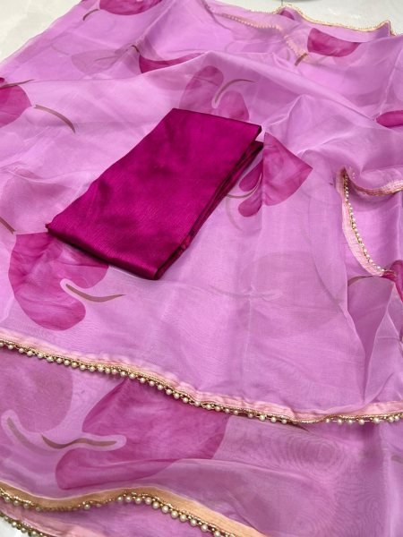 Organza Saree Collection With Pearl Lace  Organza Sarees Wholesale