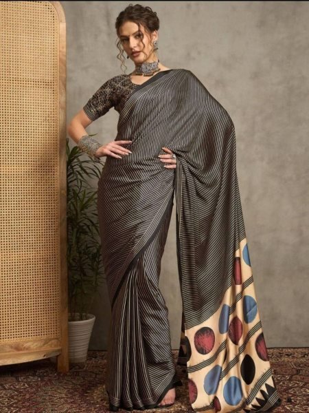 Original Japan Silk Semi Gajji Saree with Ajrakh Pallu   Digital Print Blouse for Elegant  Wear 