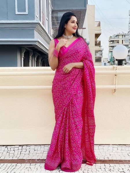 Original Pink Ajrakh Digital Print Saree in Japan Silk Rich Pallu  & Traditional Style Bandhej Sarees Wholesale