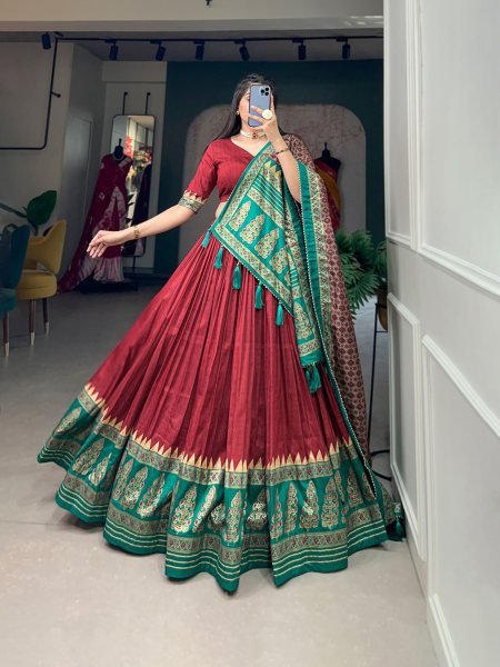 Outstanding And Beautifully Printed Tussar Silk Semi Stitched Lehenga Choli 