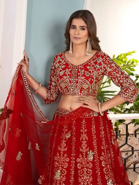Outstanding Red Net Lehenga Choli with Coding Design and Dupatta Bridal Collection 