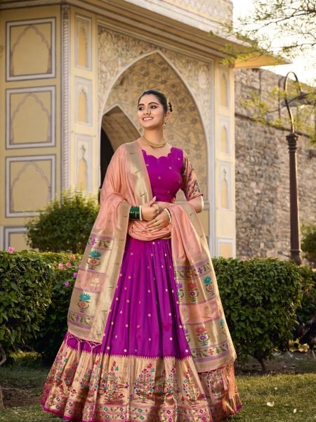 Paithani Silk Stitched Saree Lehenga Choli with Zari Weaving   Matching Batwa 