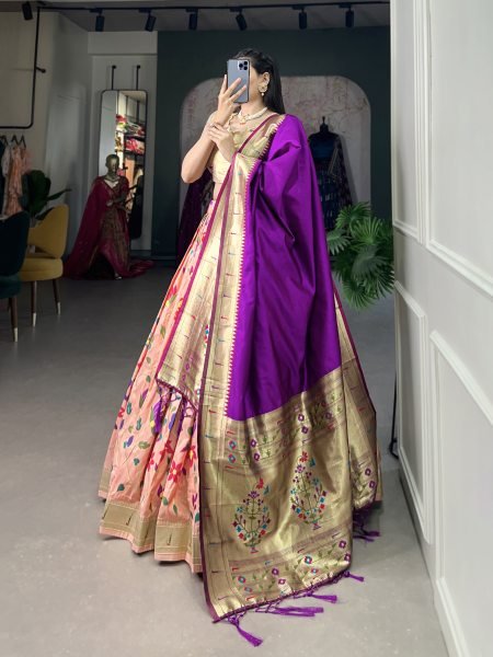 Paithani Silk Stitched Saree Lehenga Choli with Zari Weaving   Matching Batwa Half Saree Lehenga
