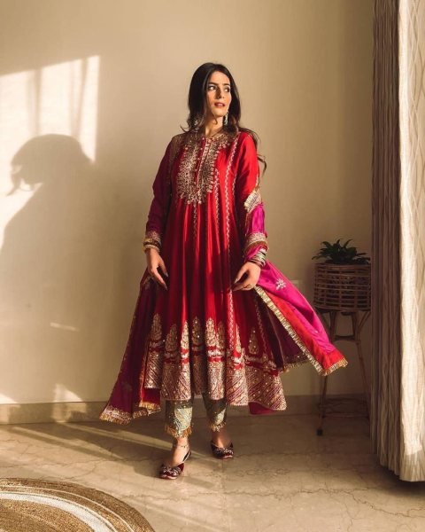 Pakistani Style Beautiful Full Flare Embroidered Work Butter Silk Kurta Pants Set Ready To Wear Collection