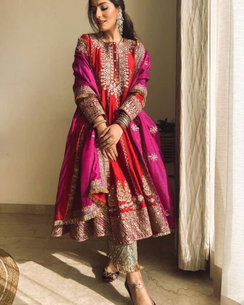 Pakistani Style Beautiful Full Flare Embroidered Work Butter Silk Kurta Pants Set Ready To Wear Collection