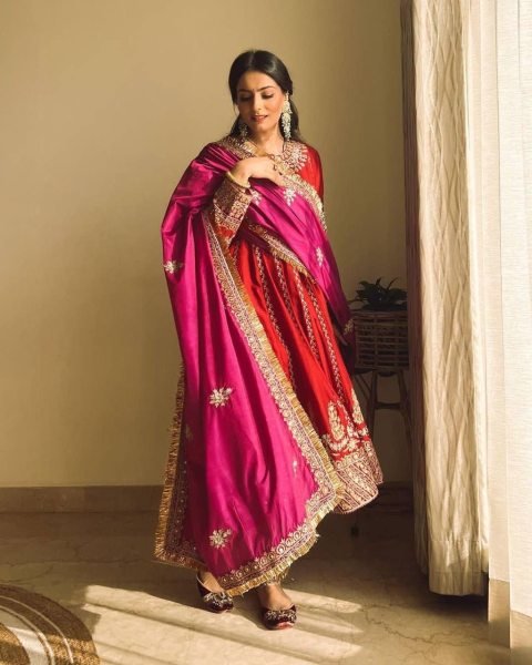 Pakistani Style Beautiful Full Flare Embroidered Work Butter Silk Kurta Pants Set Ready To Wear Collection