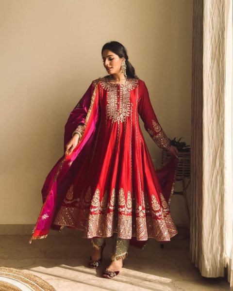 Pakistani Style Beautiful Full Flare Embroidered Work Butter Silk Kurta Pants Set Ready To Wear Collection