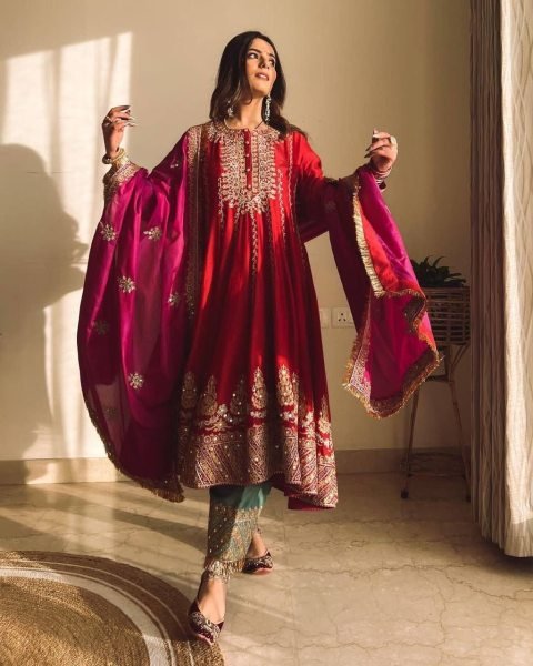 Pakistani Style Beautiful Full Flare Embroidered Work Butter Silk Kurta Pants Set Ready To Wear Collection
