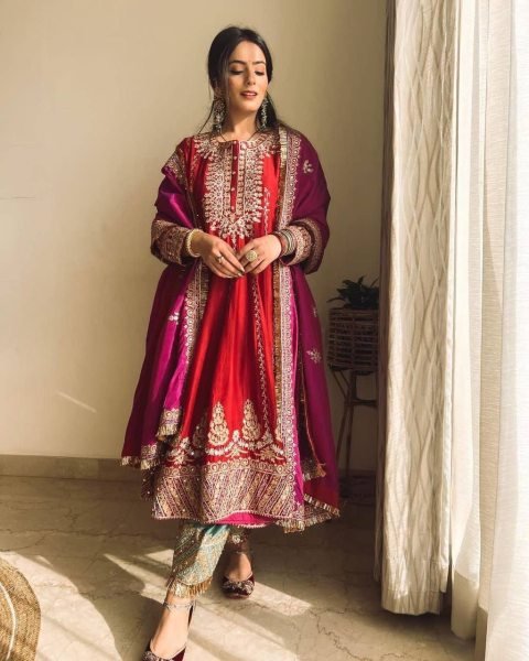 Pakistani Style Beautiful Full Flare Embroidered Work Butter Silk Kurta Pants Set Ready To Wear Collection