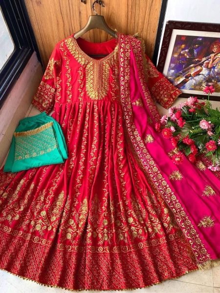 Pakistani Style Beautiful Full Flare Embroidered Work Butter Silk Kurta Pants Set Ready To Wear Collection