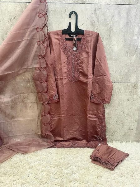 Pakistani Viscose Silk Suit Set Hoor Tex HF 98 D with Embroidery and Organza Salwar Kameez