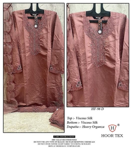 Pakistani Viscose Silk Suit Set Hoor Tex HF 98 D with Embroidery and Organza Pakistani Suits Wholesale