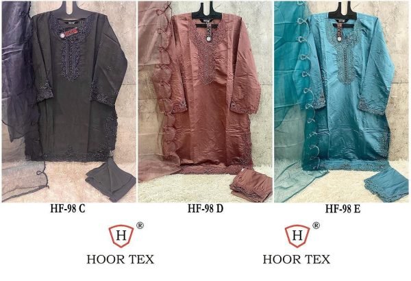 Pakistani Viscose Silk Suit Set Hoor Tex HF 98 D with Embroidery and Organza Pakistani Suits Wholesale