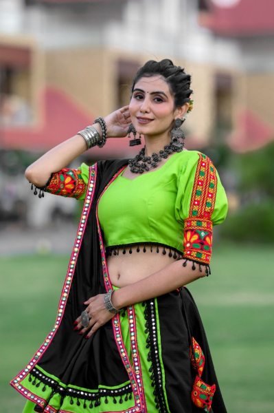 Designer Parrot Green Garba Choli with Black Mirror Work Lehenga Festive Vibes Navratri Lehnega Choli