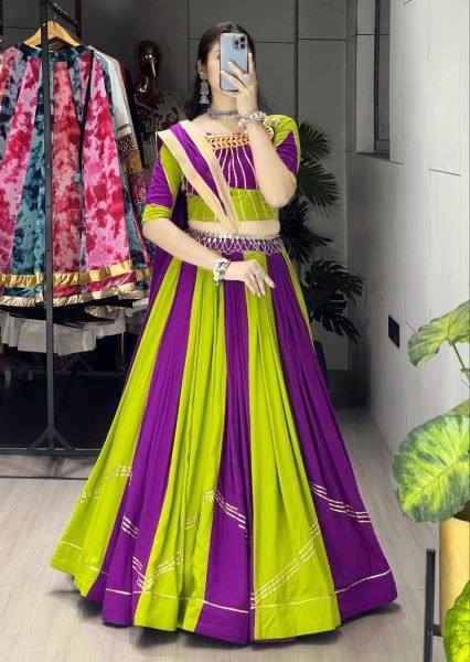 Parrot Green and Purple Rayon Cotton Navratri Chaniya Choli with Gota Patti Border Ready to Wear for Garba Nights Navratri Lehnega Choli
