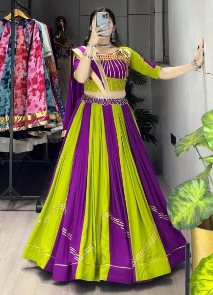 Parrot Green and Purple Rayon Cotton Navratri Chaniya Choli with Gota Patti Border Ready to Wear for Garba Nights Navratri Lehnega Choli