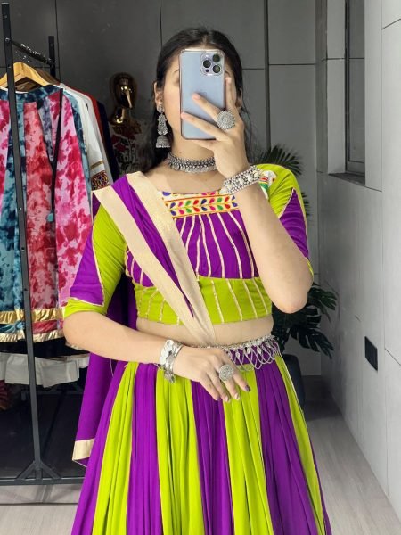 Parrot Green and Purple Rayon Cotton Navratri Chaniya Choli with Gota Patti Border Ready to Wear for Garba Nights Navratri Lehnega Choli