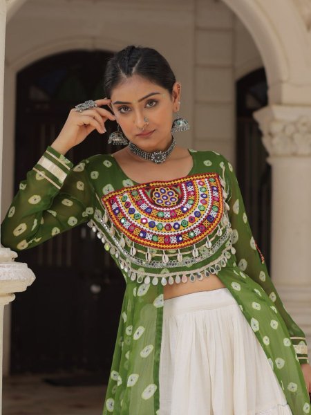 Parrot Green Cotton Kurti with Kutchi Embroidery Ready to Wear Garba Look 