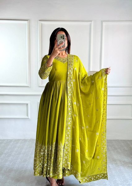 Parrot Green Embroidered Anarkali Suit  With Dupatta   Online  Ready To Wear Collection