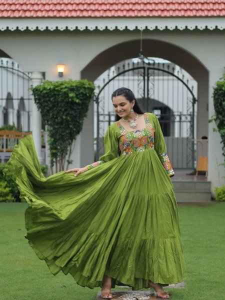 Parrot Green Gamthi Work Anarkali Gown Ready to Wear Festive Edition 