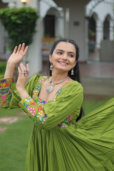 Parrot Green Gamthi Work Anarkali Gown Ready to Wear Festive Edition Navratri Collection
