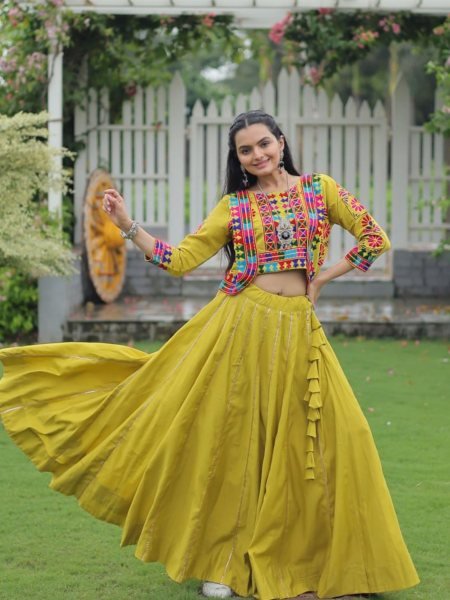 Parrot Green Kutchi Style Navratri Lehenga Choli with Gota Lace Navratri Lehnega Choli