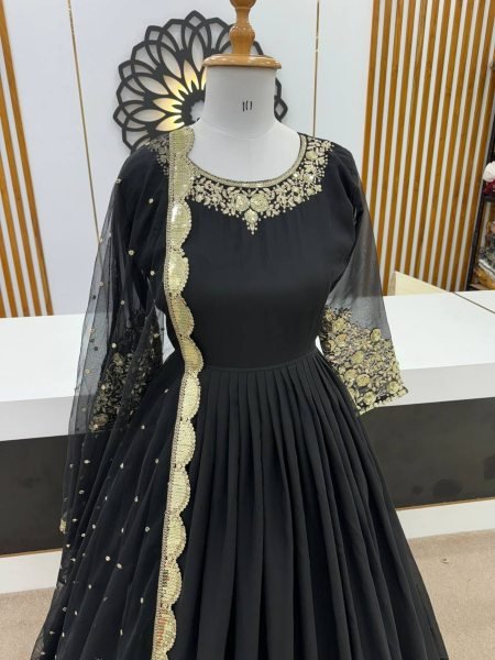 Party Wear Black Color Embroidered Heavy Faux Georgette Long Gown With Dupatta Ready To Wear Collection