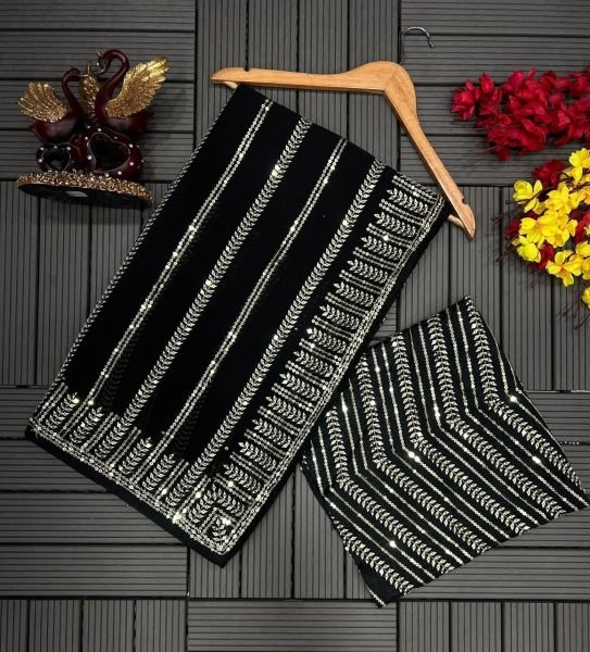 Party Wear Black Color Soft Georgette Sequence Work Saree Georgette Sarees Wholesale