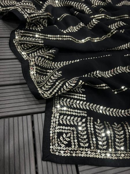 Party Wear Black Color Soft Georgette Sequence Work Saree Georgette Sarees Wholesale