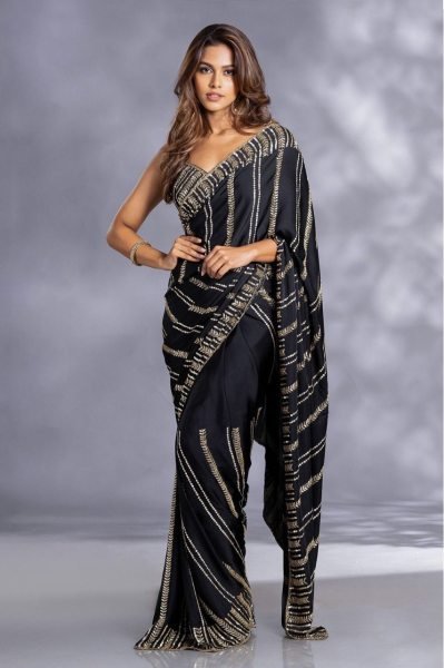 Party Wear Black Color Soft Georgette Sequence Work Saree Georgette Sarees Wholesale