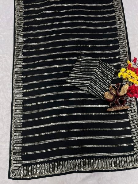 Party Wear Black Color Soft Georgette Sequence Work Saree Georgette Sarees Wholesale