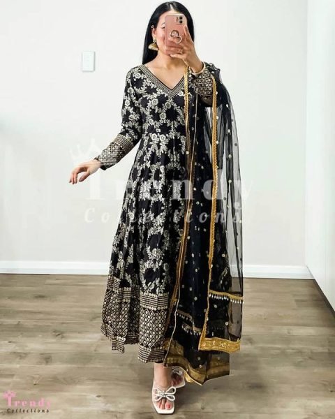 Party Wear Black Embroidered Anarkali Gown  Ready To Wear Collection