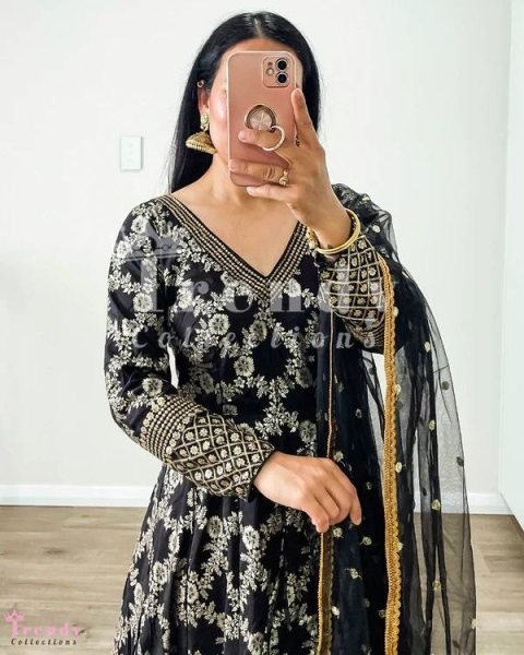 Party Wear Black Embroidered Anarkali Gown  Ready To Wear Collection