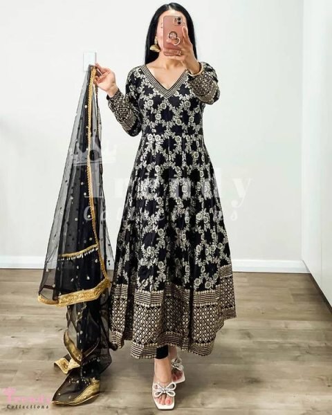 Party Wear Black Embroidered Anarkali Gown  Ready To Wear Collection