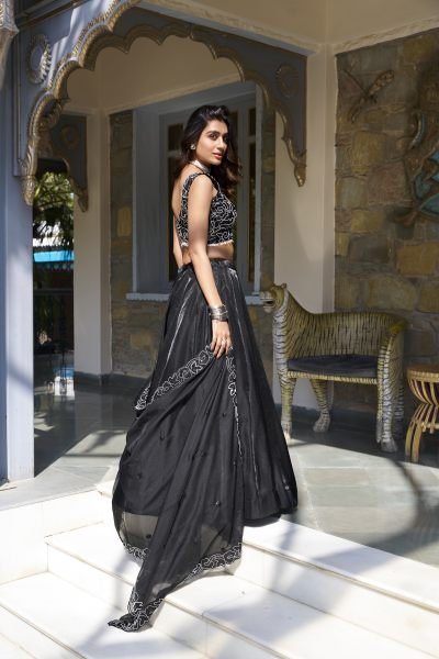 Party Wear Elegant Black Star Satin Embroidered Lehenga Choli With dupatta Designer Lehenga Choli