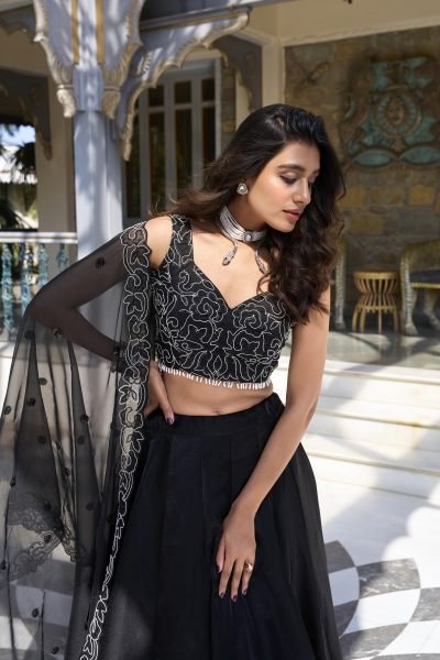 Party Wear Elegant Black Star Satin Embroidered Lehenga Choli With dupatta Designer Lehenga Choli