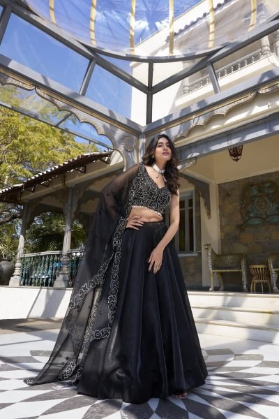 Party Wear Elegant Black Star Satin Embroidered Lehenga Choli With dupatta Designer Lehenga Choli