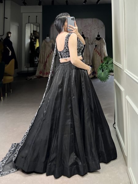 Party Wear Elegant Black Star Satin Embroidered Lehenga Choli With dupatta Designer Lehenga Choli