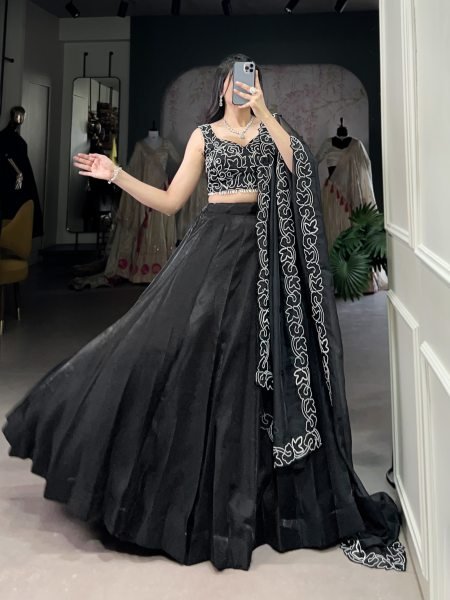 Party Wear Elegant Black Star Satin Embroidered Lehenga Choli With dupatta Designer Lehenga Choli
