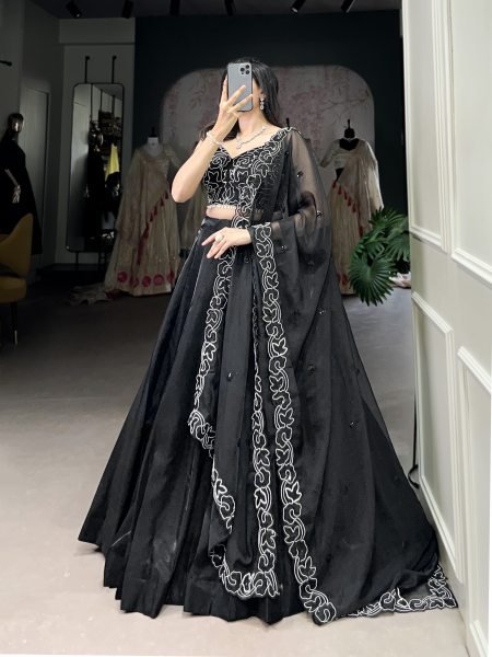 Party Wear Elegant Black Star Satin Embroidered Lehenga Choli With dupatta Designer Lehenga Choli