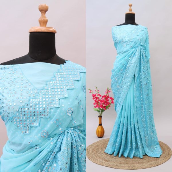 Party Wear Faux Georgette Saree With Embroidery Work Georgette Sarees Wholesale