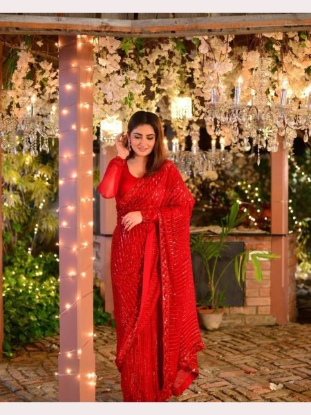 Party Wear Georgette Embroidery  Sequence Work with Lace Saree  Georgette Sarees Wholesale