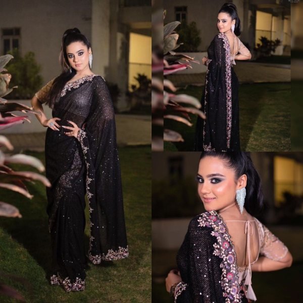 Party Wear Black Color Georgette Saree With Thread Embroidery Work  Georgette Sarees Wholesale