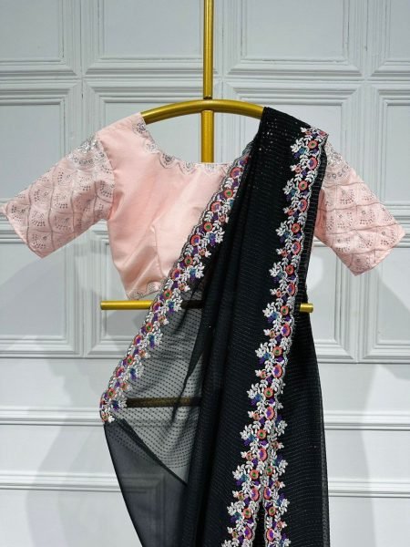 Party Wear Black Color Georgette Saree With Thread Embroidery Work  Georgette Sarees Wholesale