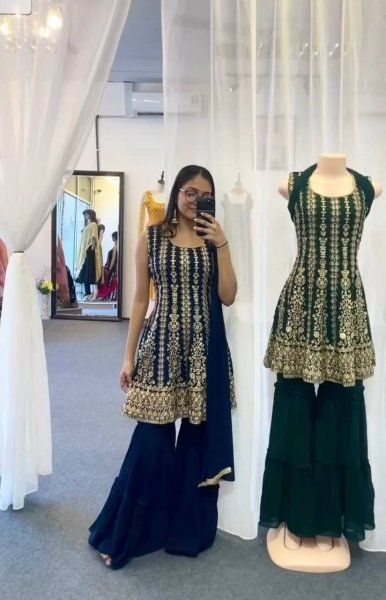 Party Wear Heavy Embroidery Sequence Work Sharara Set  Ready To Wear Collection