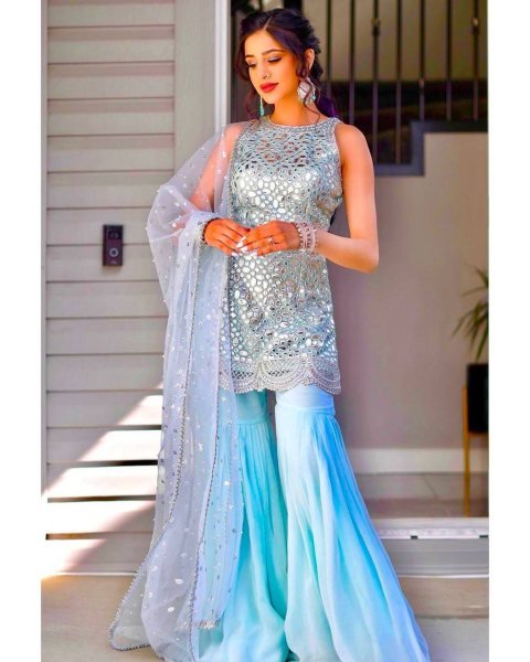 Party Wear Heavy Georgette Sequence Work Sharara Set  3 Piece Kurti Set