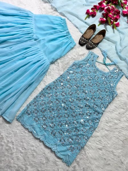 Party Wear Heavy Georgette Sequence Work Sharara Set  3 Piece Kurti Set