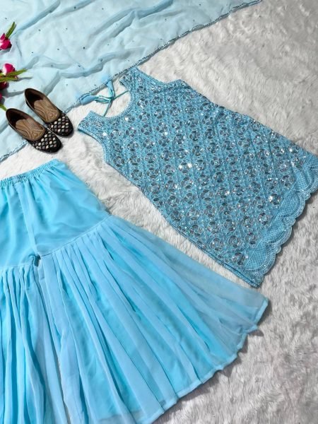 Party Wear Heavy Georgette Sequence Work Sharara Set  3 Piece Kurti Set