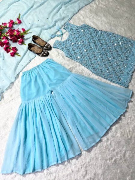 Party Wear Heavy Georgette Sequence Work Sharara Set  3 Piece Kurti Set